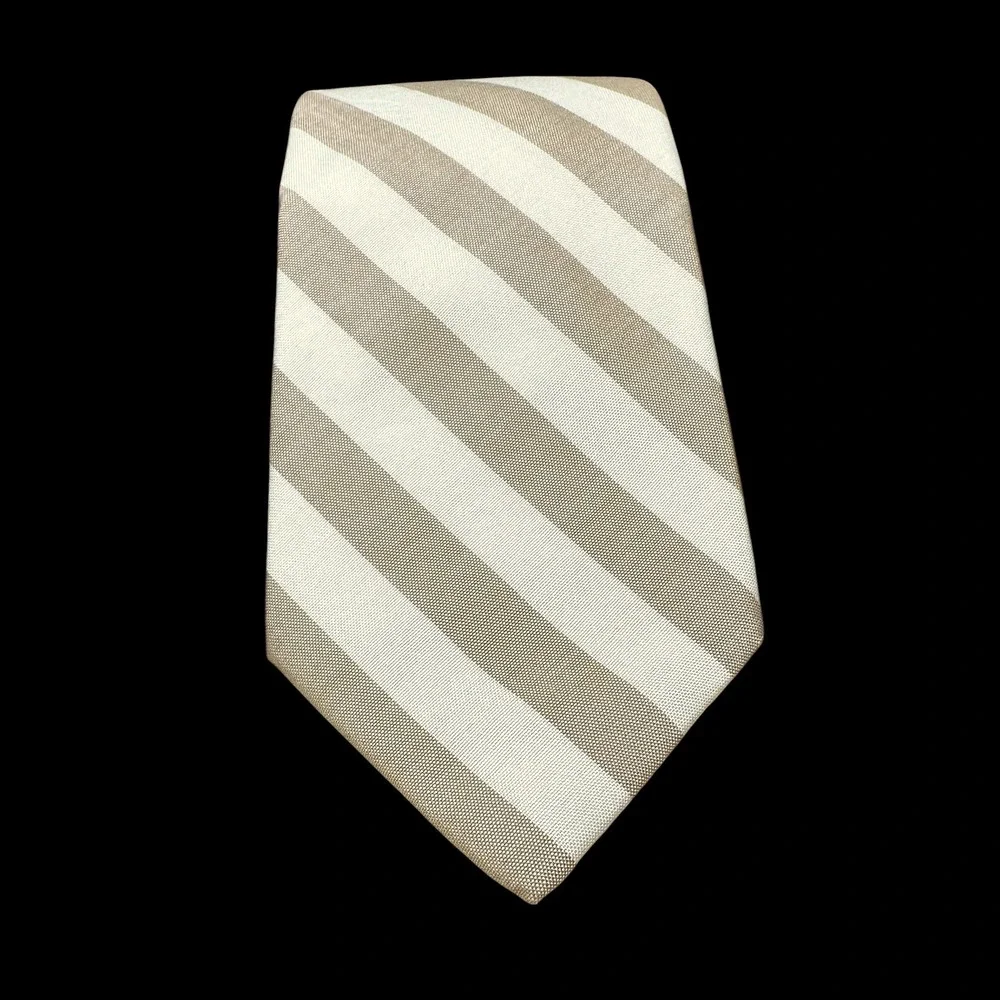 Albert Nipon Tan White Striped Cotton Necktie Hand Made Men's Tie